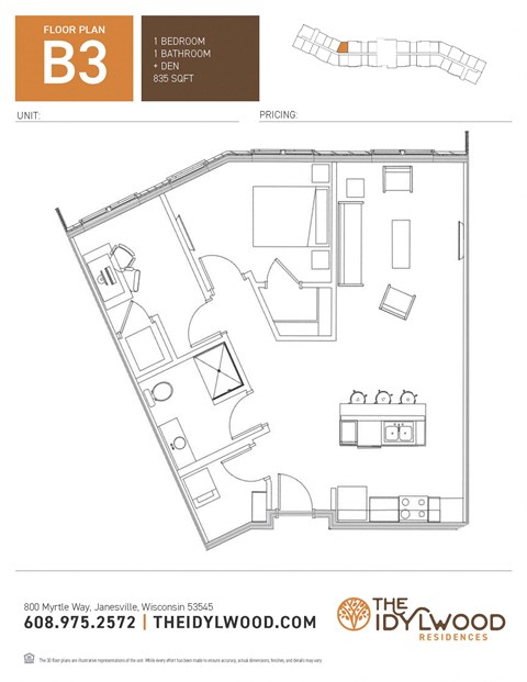 Floor plan for 1 bed, 1 bath, 835 sqft